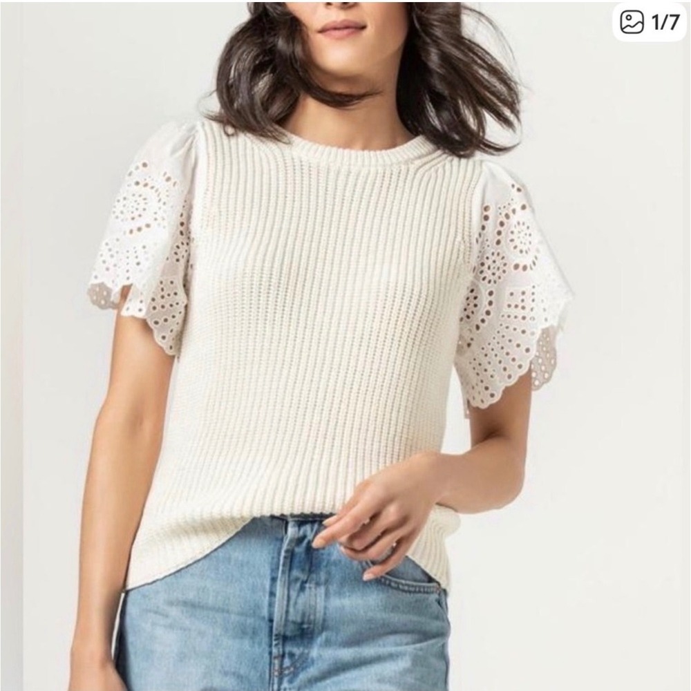 Lilla P Mixed Media Knit Sweater Cotton Blend Cream Eyelet Puff Sleeve Womens